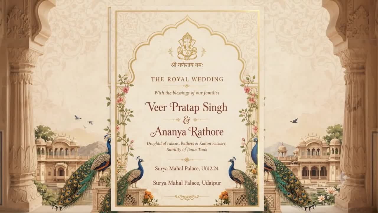 Royal invitation with peacock and palace artwork