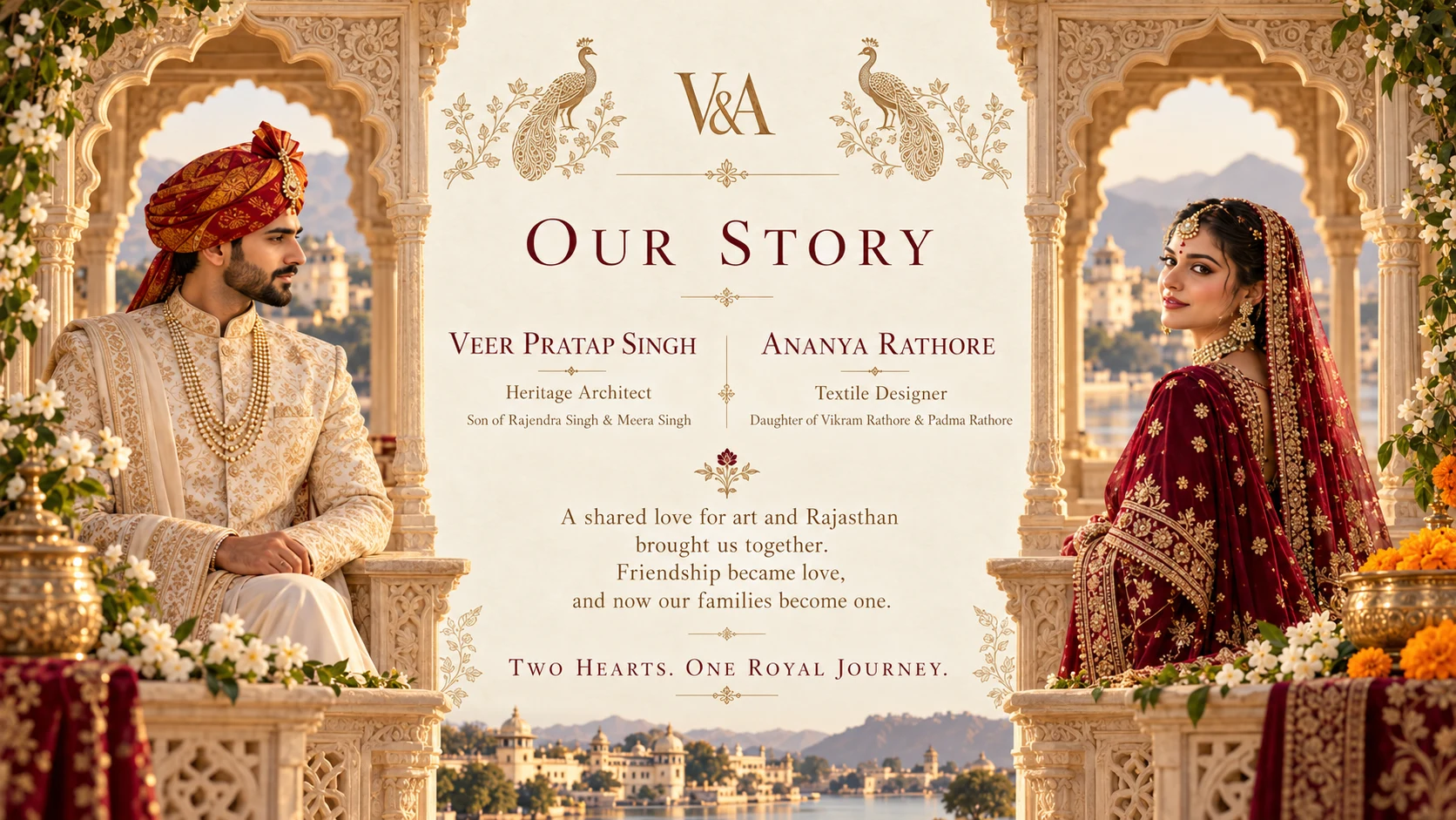 Our Story. Veer Pratap Singh, heritage architect, son of Rajendra Singh and Meera Singh. Ananya Rathore, textile designer, daughter of Vikram Rathore and Padma Rathore. A shared love for art and Rajasthan brought us together. Friendship became love, and now our families become one.