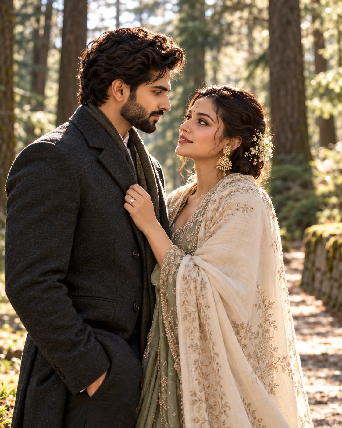 Veer and Ananya — Sunlit cedar forest