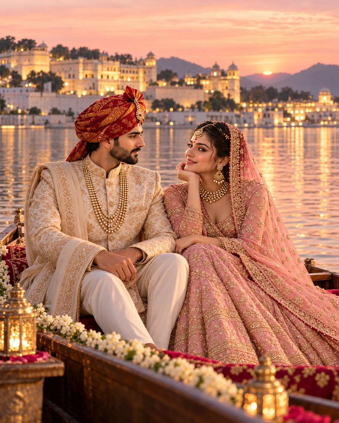 Veer and Ananya — Udaipur boat at sunset