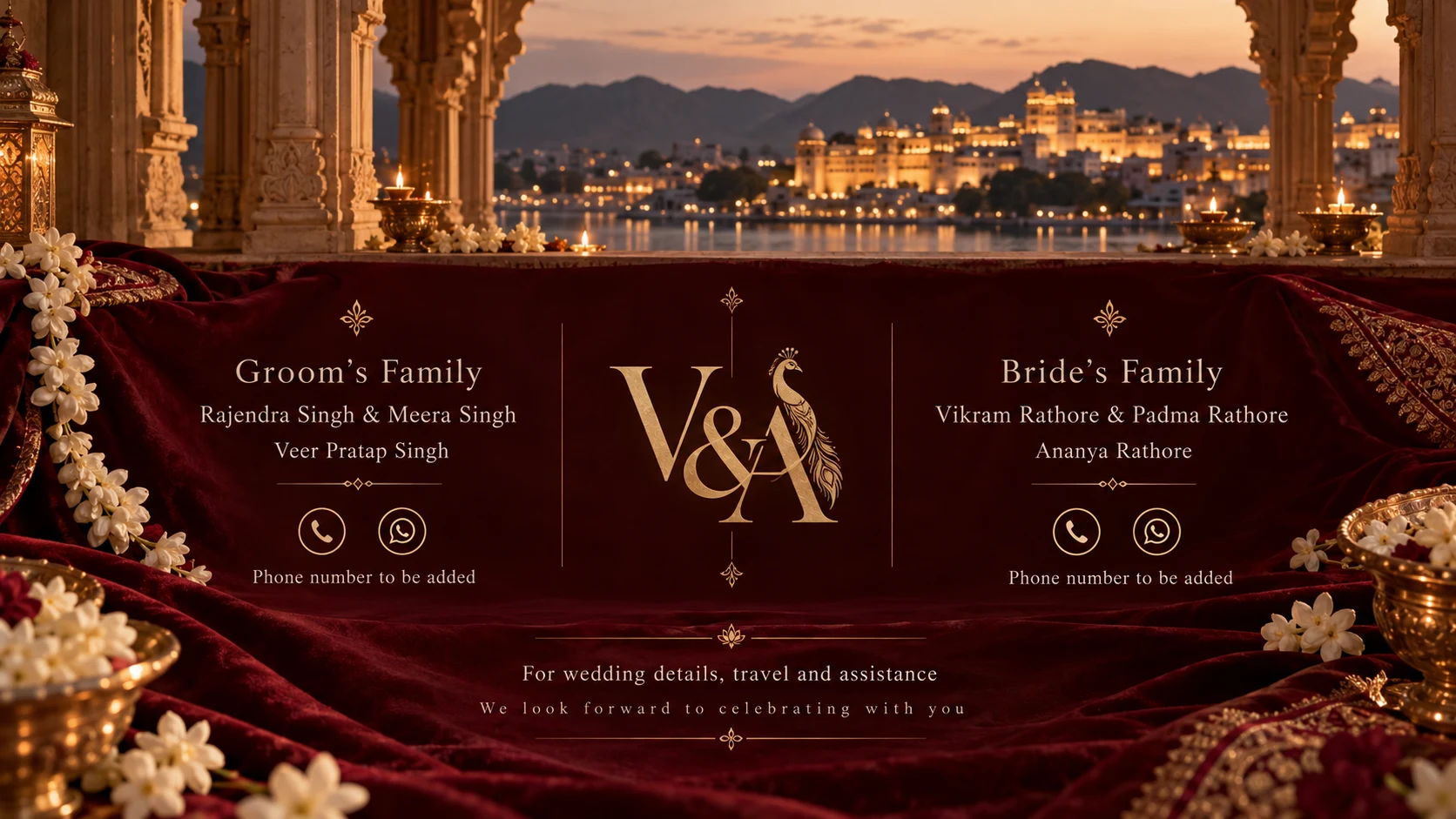 Contact Our Families. Groom’s family: Rajendra Singh and Meera Singh. Bride’s family: Vikram Rathore and Padma Rathore. Family phone numbers to be added.