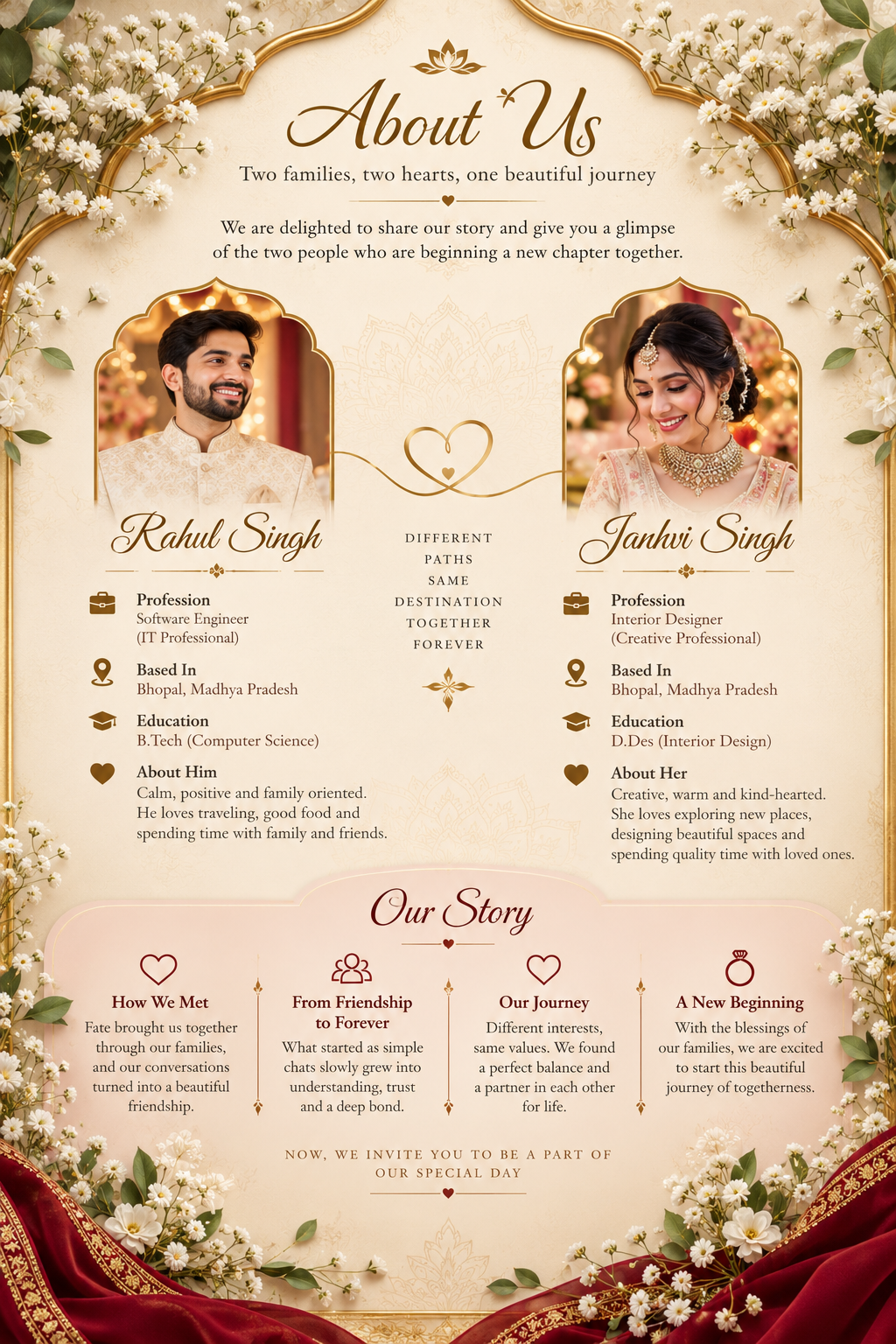 About Us: Rahul Singh and Janhvi Singh. Two families, two hearts, one beautiful journey.